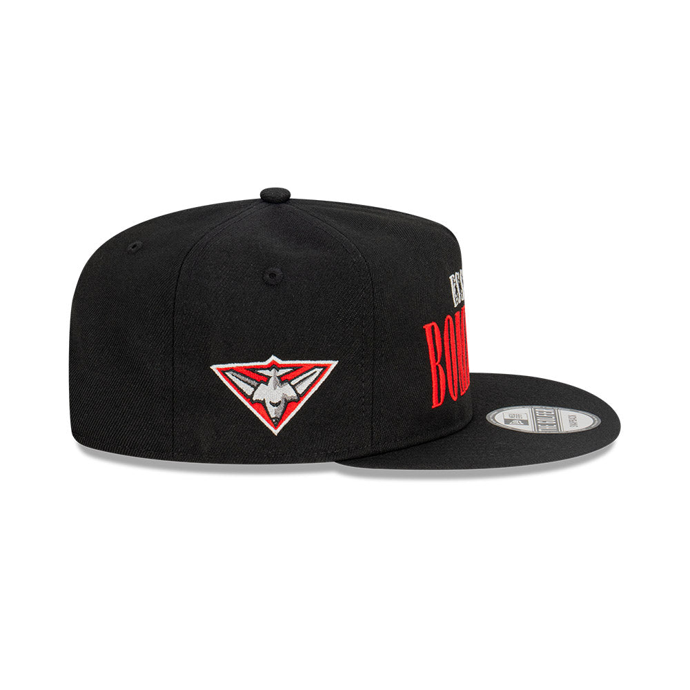 Essendon Bombers Hat - 2023 AFL Black Tall Text The Golfer Snapback - New Era